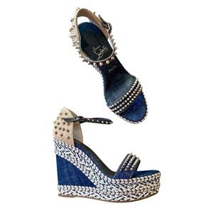 NEW Christian Louboutin Denim Studded Platform Espadrille Wedge Sandals Sz EU 40